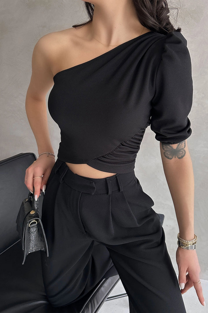 Black One Shoulder Princess Sleeve Crepe Blouse BCDF-252159 - Gjakovë