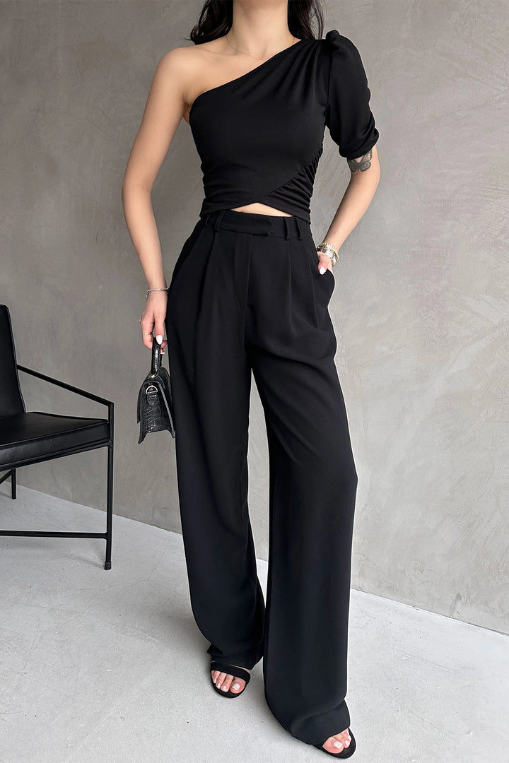 Black One Shoulder Princess Sleeve Crepe Blouse BCDF-252159 - Gjakovë