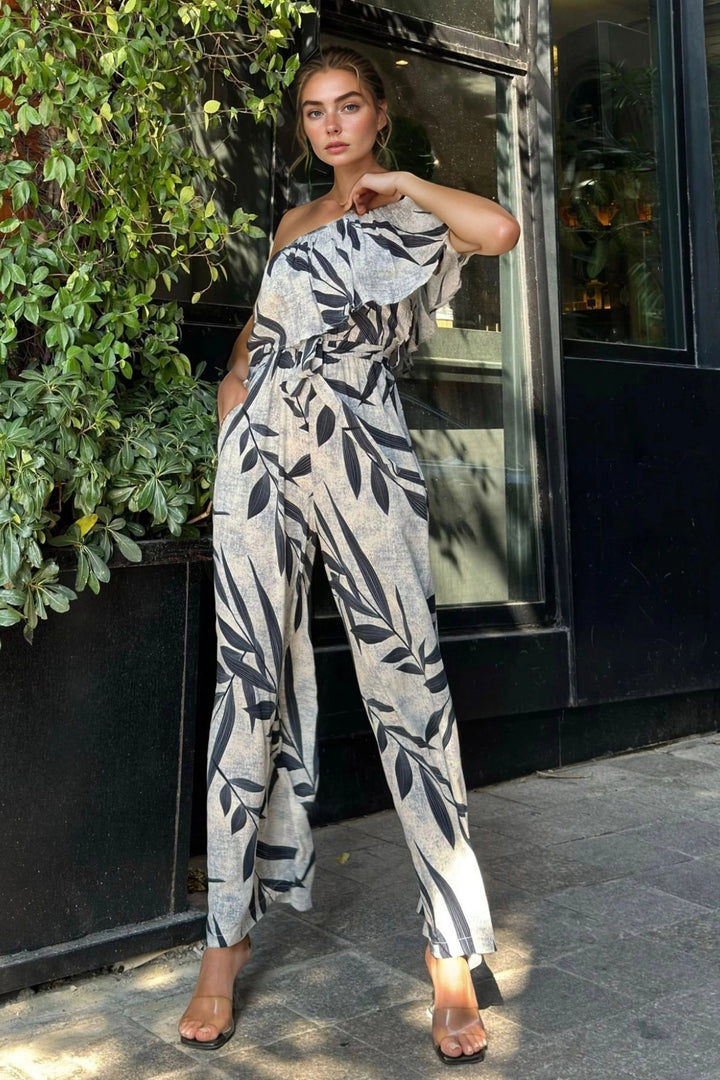 Black One-Shoulder Ruffled Pocketed Elastic Waist Belted Wide Leg Jumpsuit BCBSK-25700-3648 - Sintra