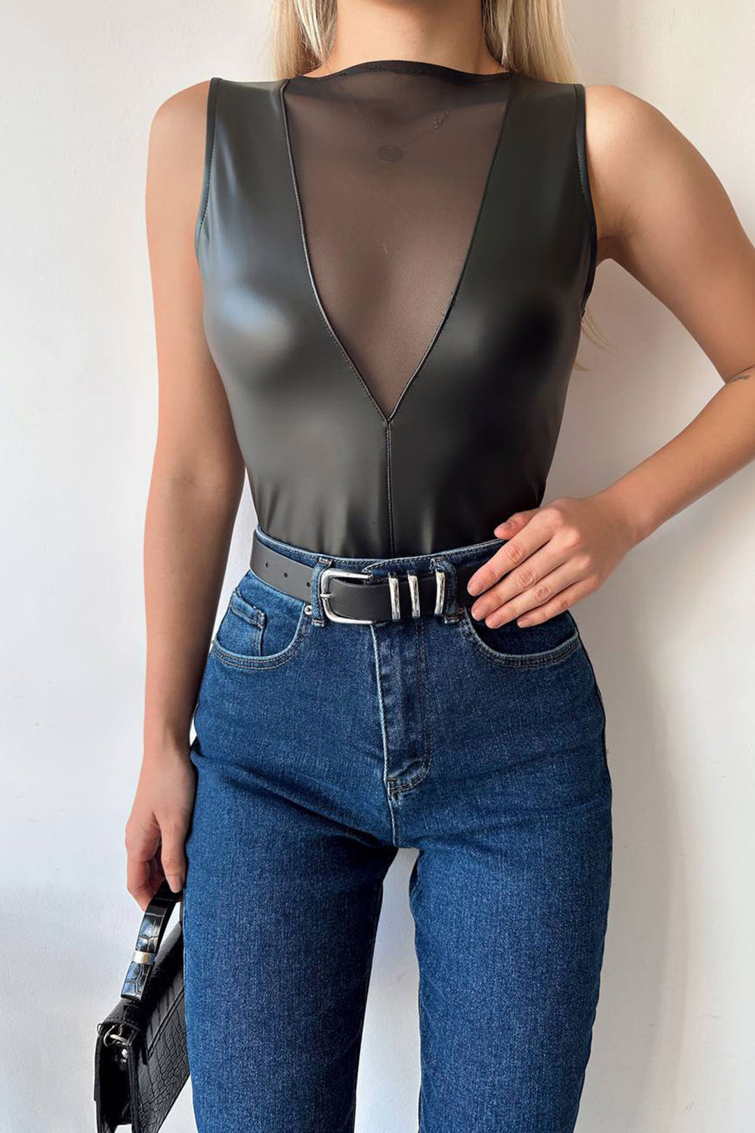 Black Tulle Detailed Faux Leather Body Blouse with Snap Fasteners BCHN-2530001 - Indianapolis