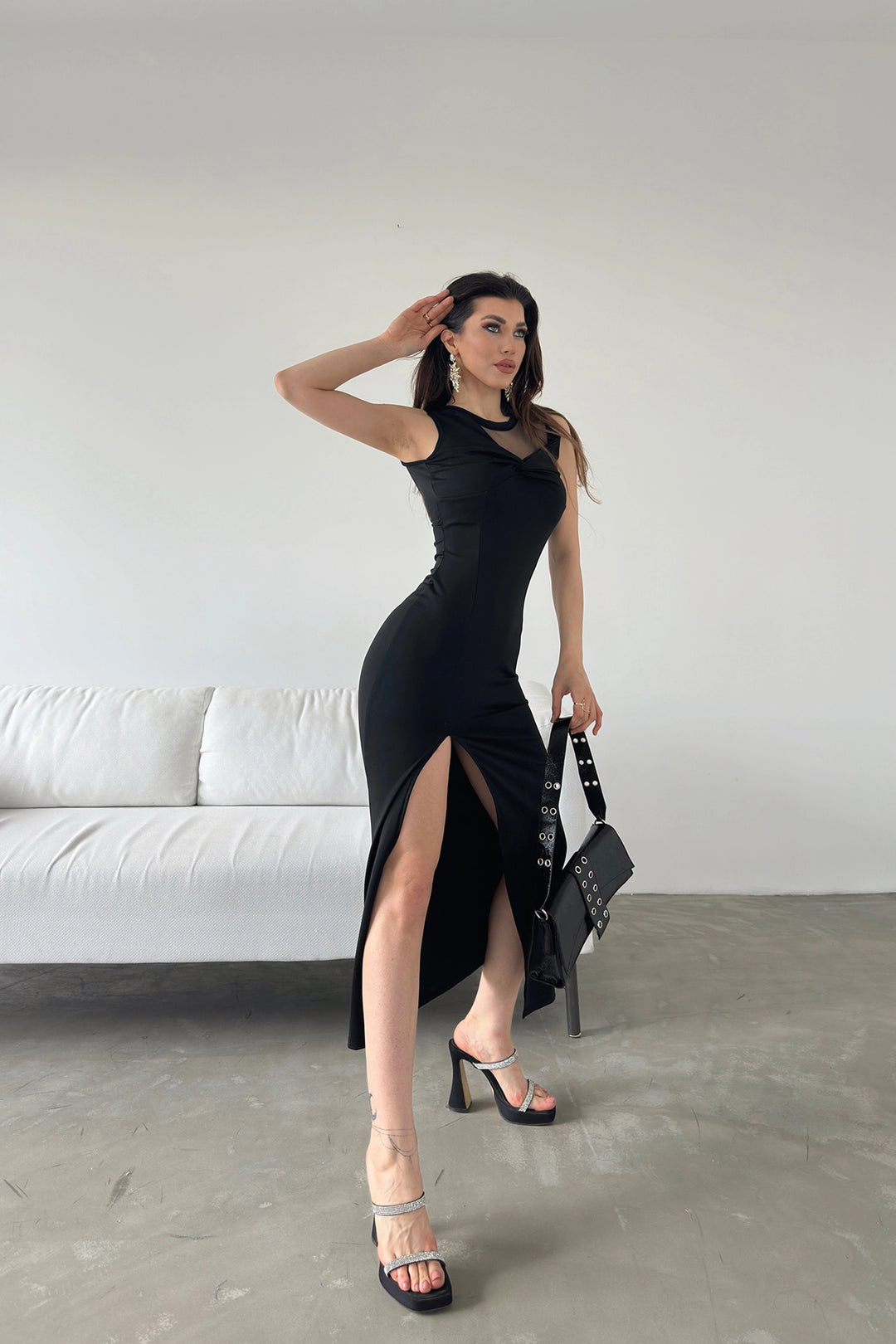 Black Tulle Detailed Dress with Deep Slit BCDF-241055 - Norwalk