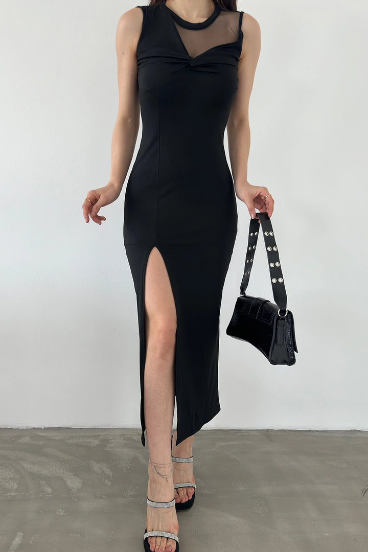 Black Tulle Detailed Dress with Deep Slit BCDF-241055 - Norwalk