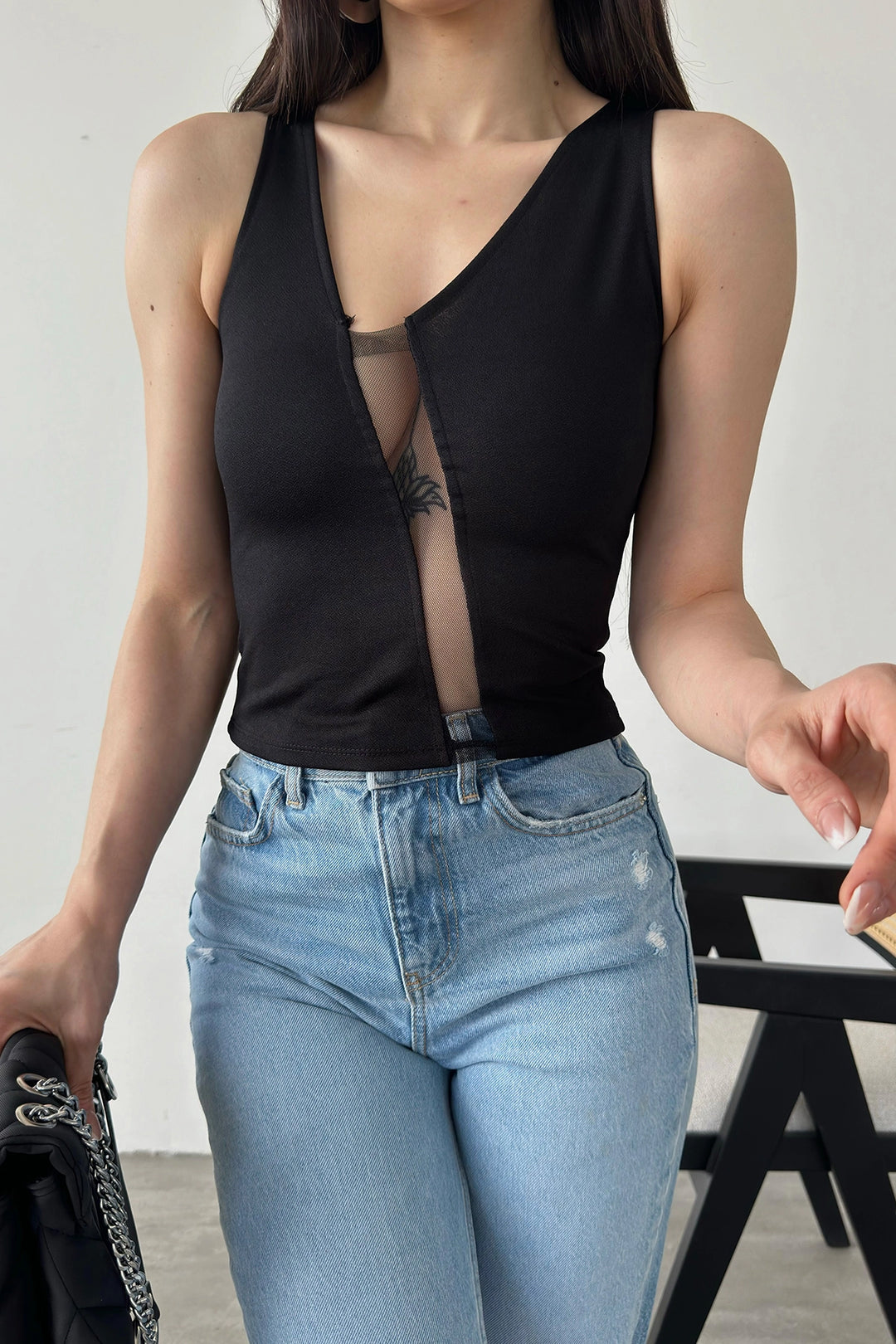 Black Sleeveless Blouse with Mesh Detail on the Chest BCDF-241065 - Nezahualcóyotl