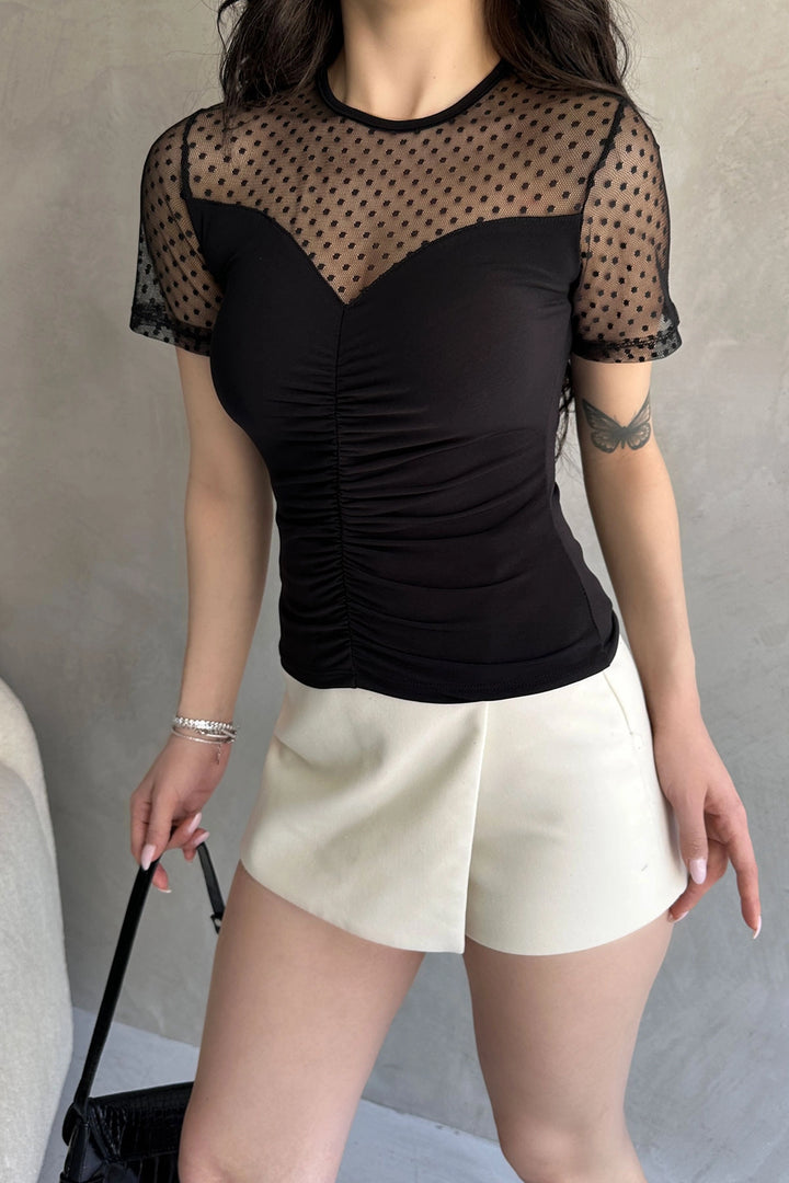 Black Crepe Blouse with Front Ruched Detail and Black Tulle BCDF-252173 - West Orange