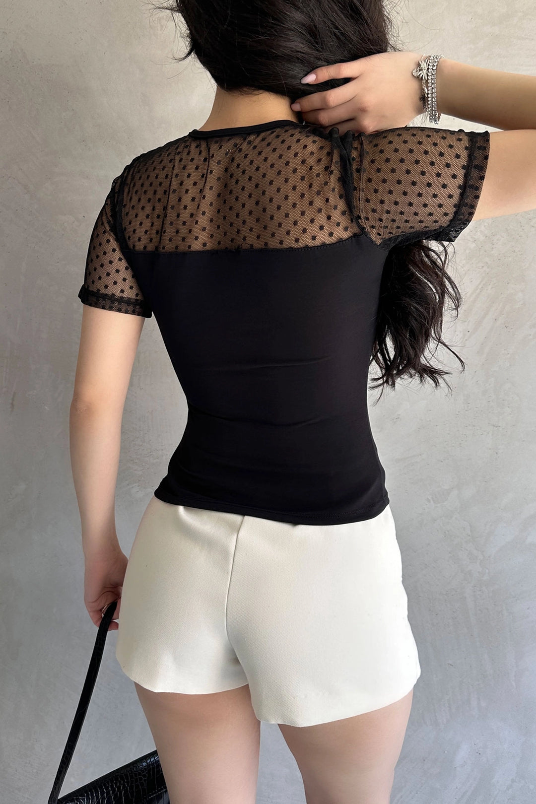 Black Crepe Blouse with Front Ruched Detail and Black Tulle BCDF-252173 - West Orange
