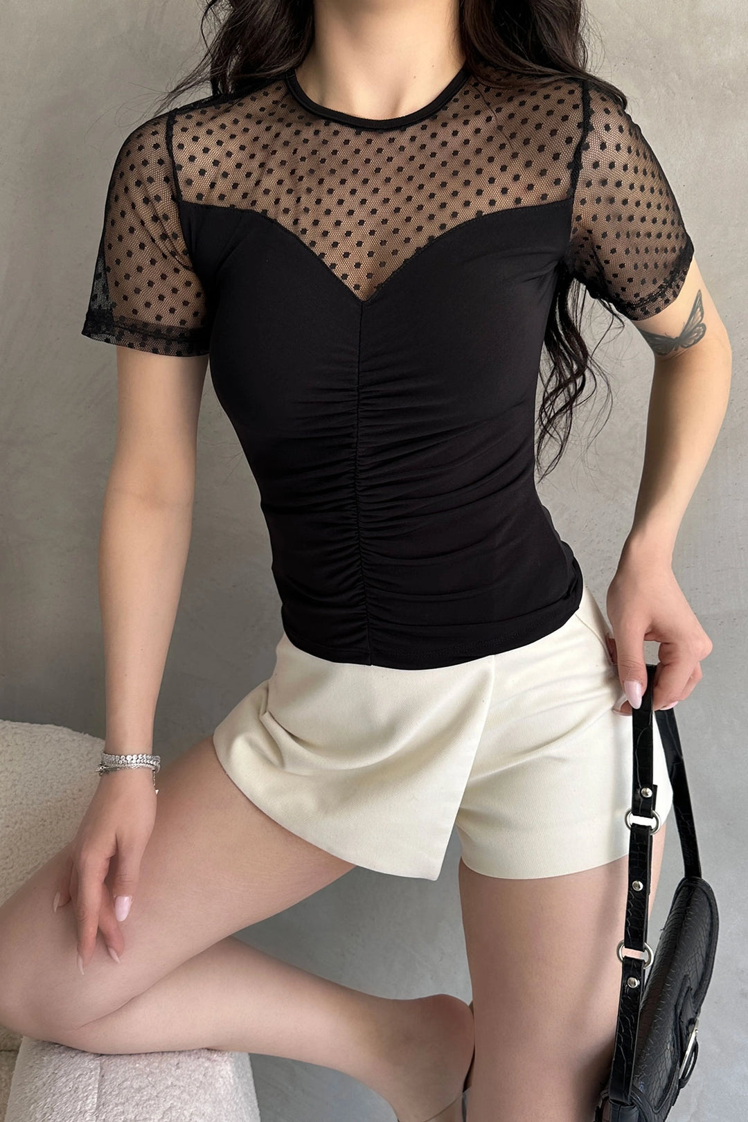 Black Crepe Blouse with Front Ruched Detail and Black Tulle BCDF-252173 - West Orange