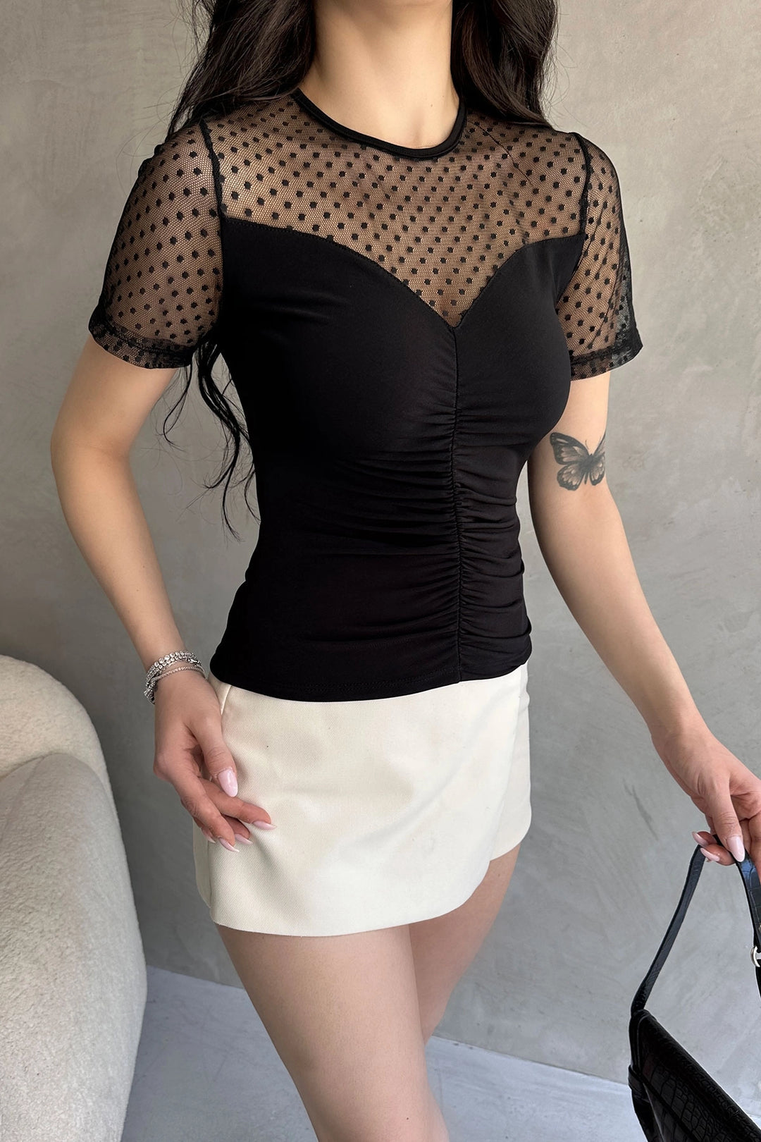 Black Crepe Blouse with Front Ruched Detail and Black Tulle BCDF-252173 - West Orange
