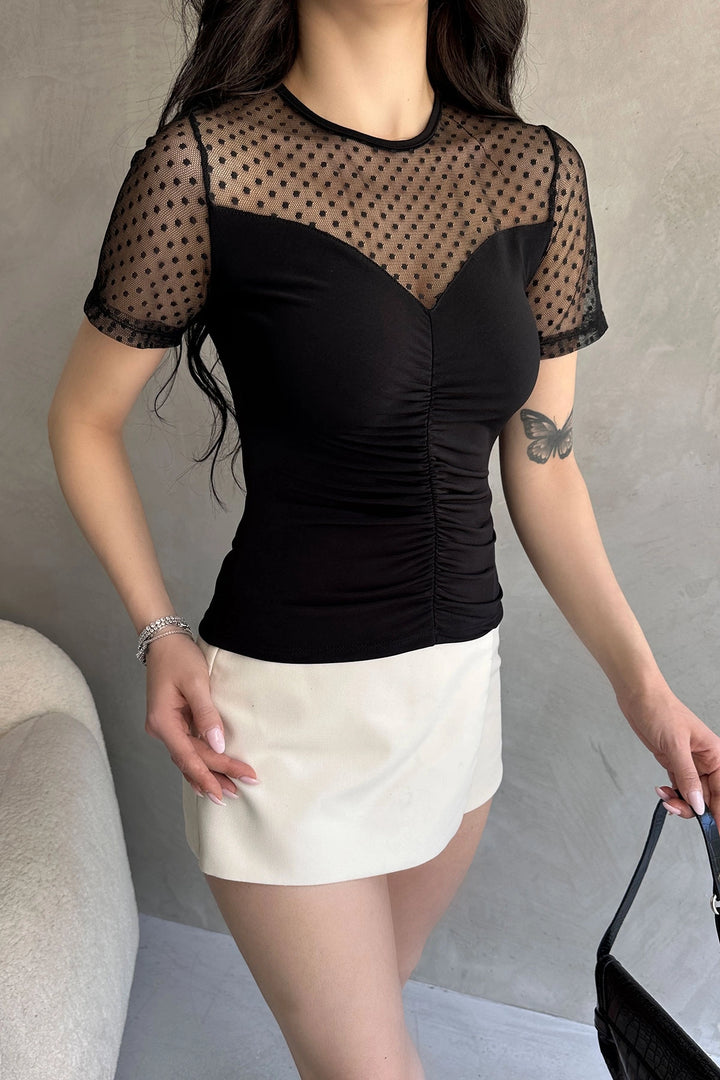 Black Crepe Blouse with Front Ruched Detail and Black Tulle BCDF-252173 - West Orange