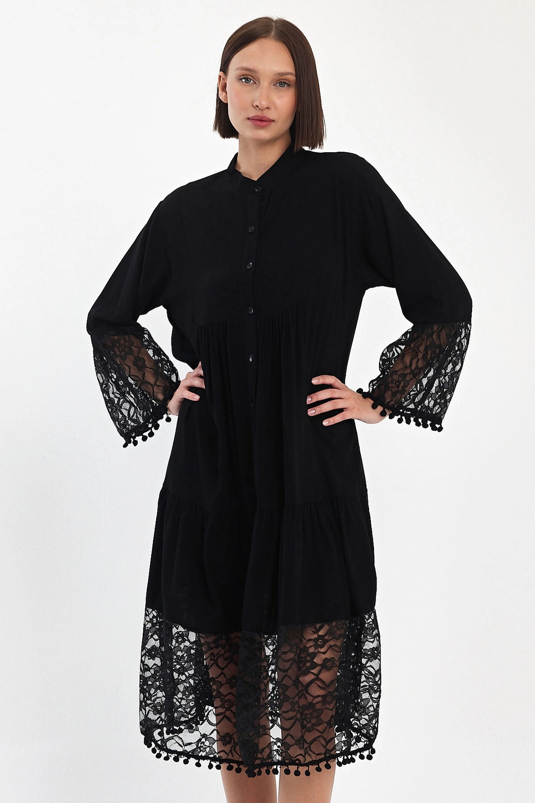 Maxi Boy Black Tulle Detailed Long Length Woven Viscose Dress BCVL-25983 - Carcassonne