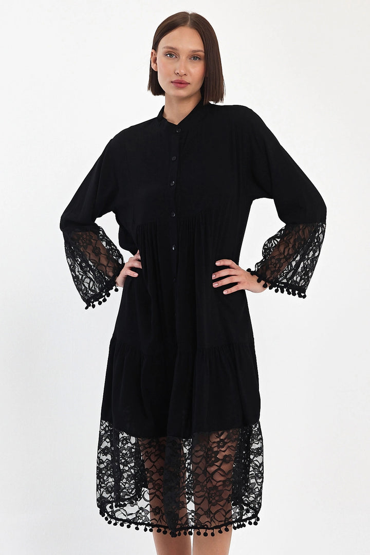 Maxi Boy Black Tulle Detailed Long Length Woven Viscose Dress BCVL-25983 - Carcassonne