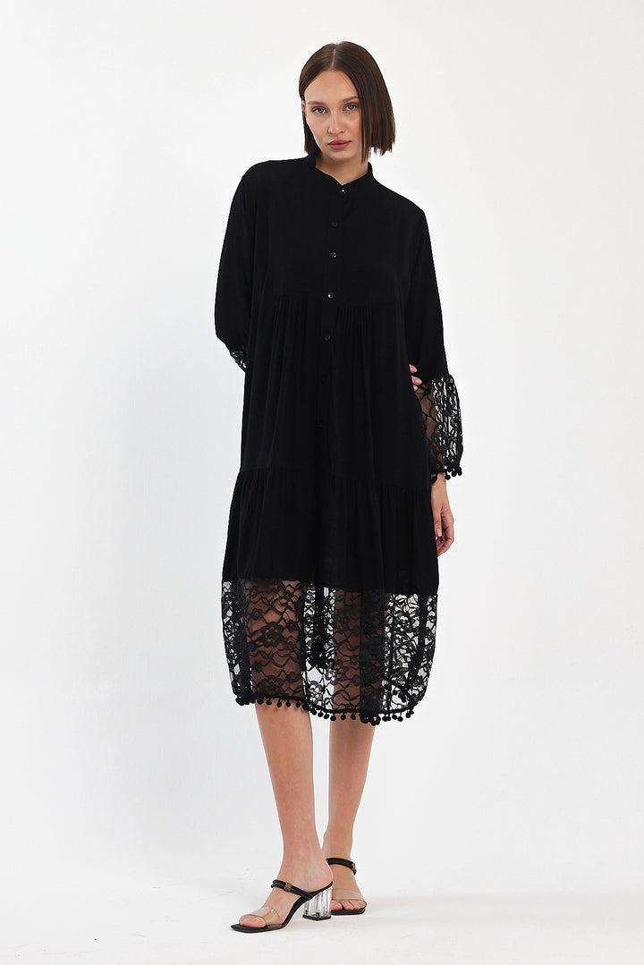 Maxi Boy Black Tulle Detailed Long Length Woven Viscose Dress BCVL-25983 - Carcassonne