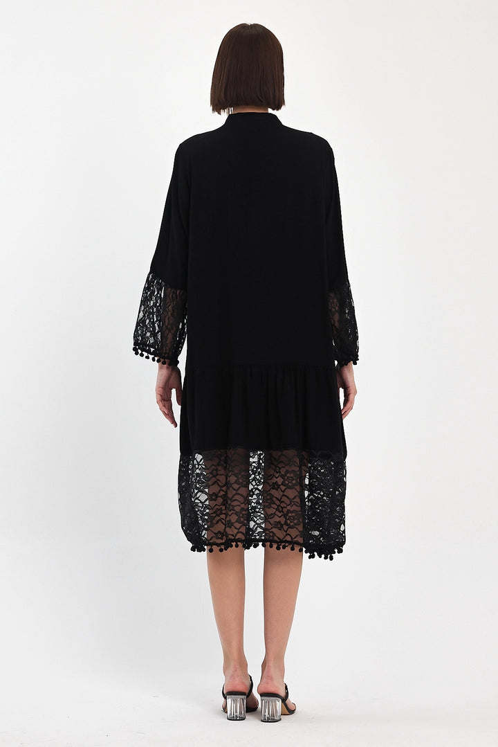 Maxi Boy Black Tulle Detailed Long Length Woven Viscose Dress BCVL-25983 - Carcassonne