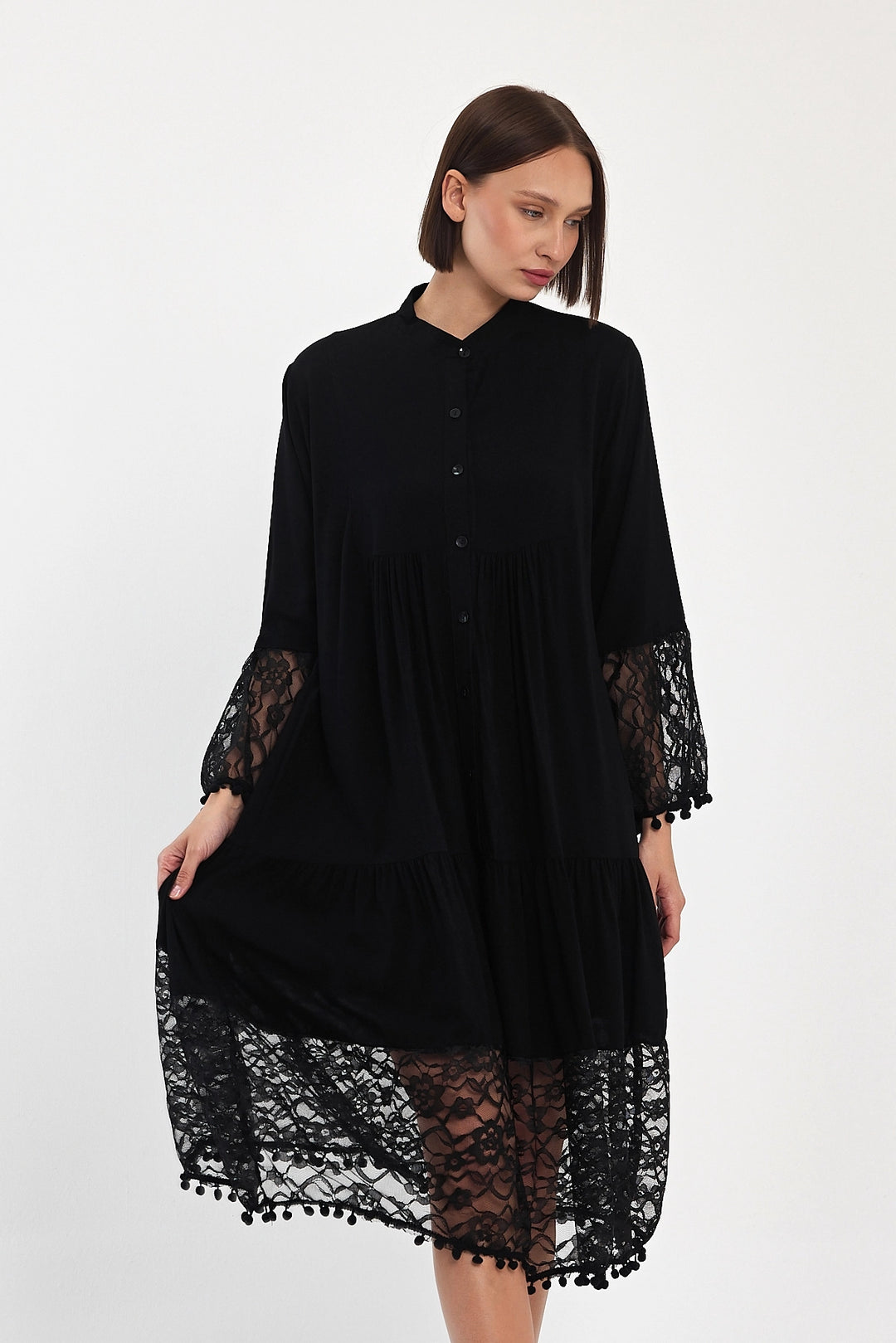 Maxi Boy Black Tulle Detailed Long Length Woven Viscose Dress BCVL-25983 - Carcassonne