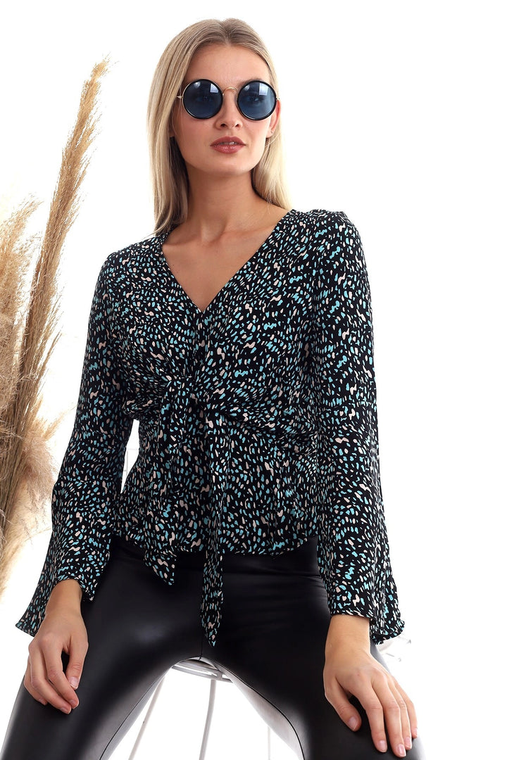 Black Turquoise Woven Viscose Patterned Front Tied Ruffled Blouse CO-2520333372 - Montclair