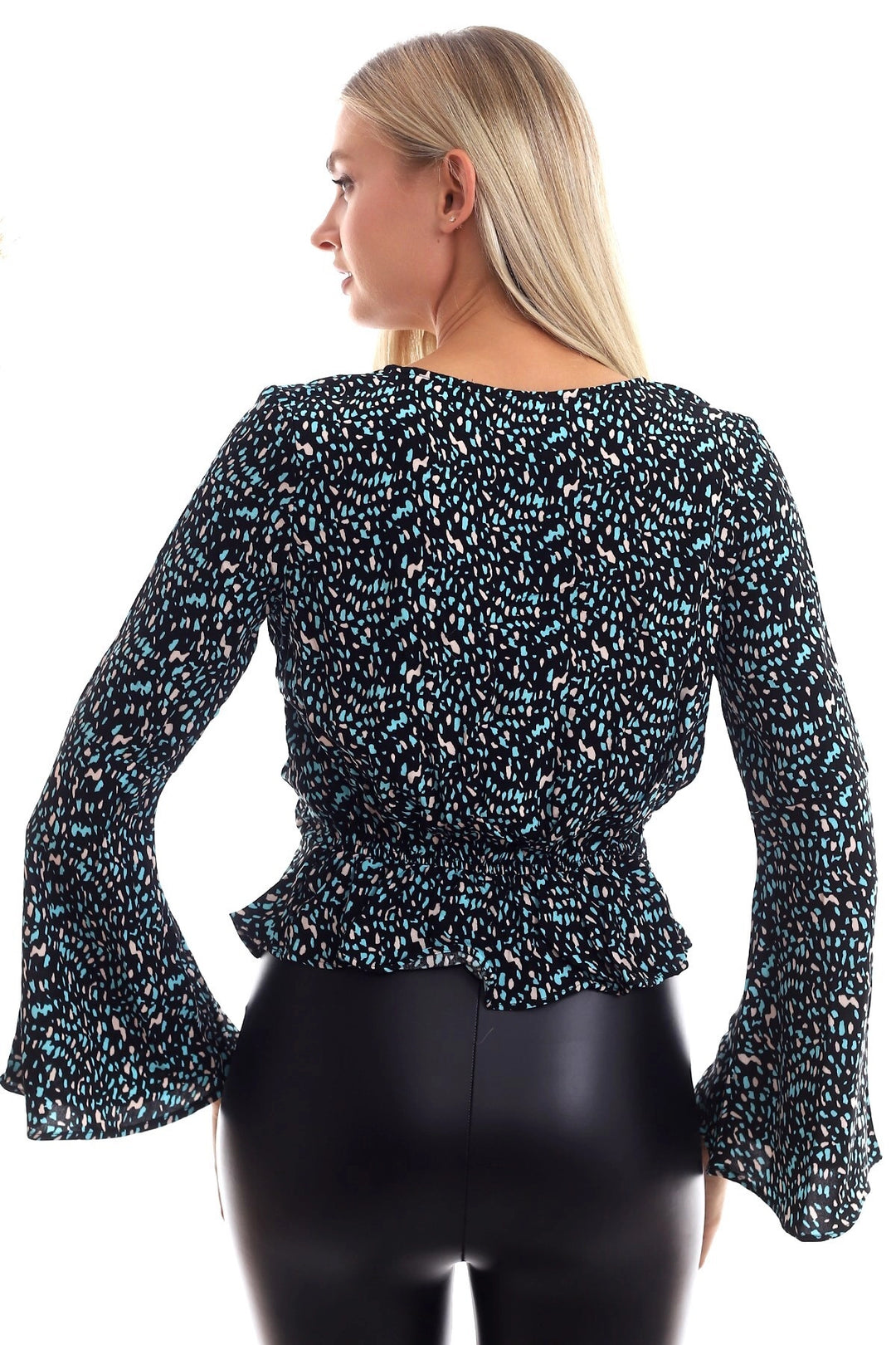 Black Turquoise Woven Viscose Patterned Front Tied Ruffled Blouse CO-2520333372 - Montclair