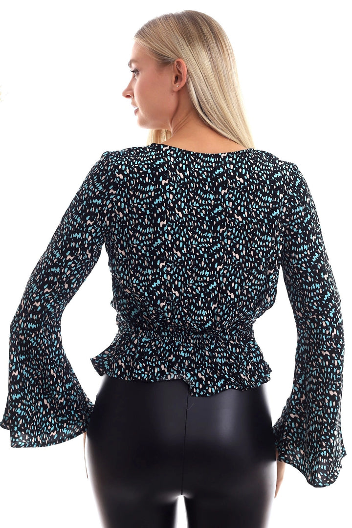 Black Turquoise Woven Viscose Patterned Front Tied Ruffled Blouse CO-2520333372 - Montclair