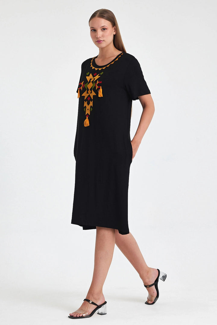 Maxi Boy Black Orange Embroidered Knitted Viscose Dress BCVL-251025 - Bendigo