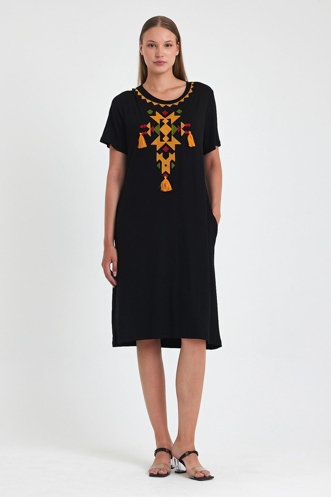 Maxi Boy Black Orange Embroidered Knitted Viscose Dress BCVL-251025 - Bendigo