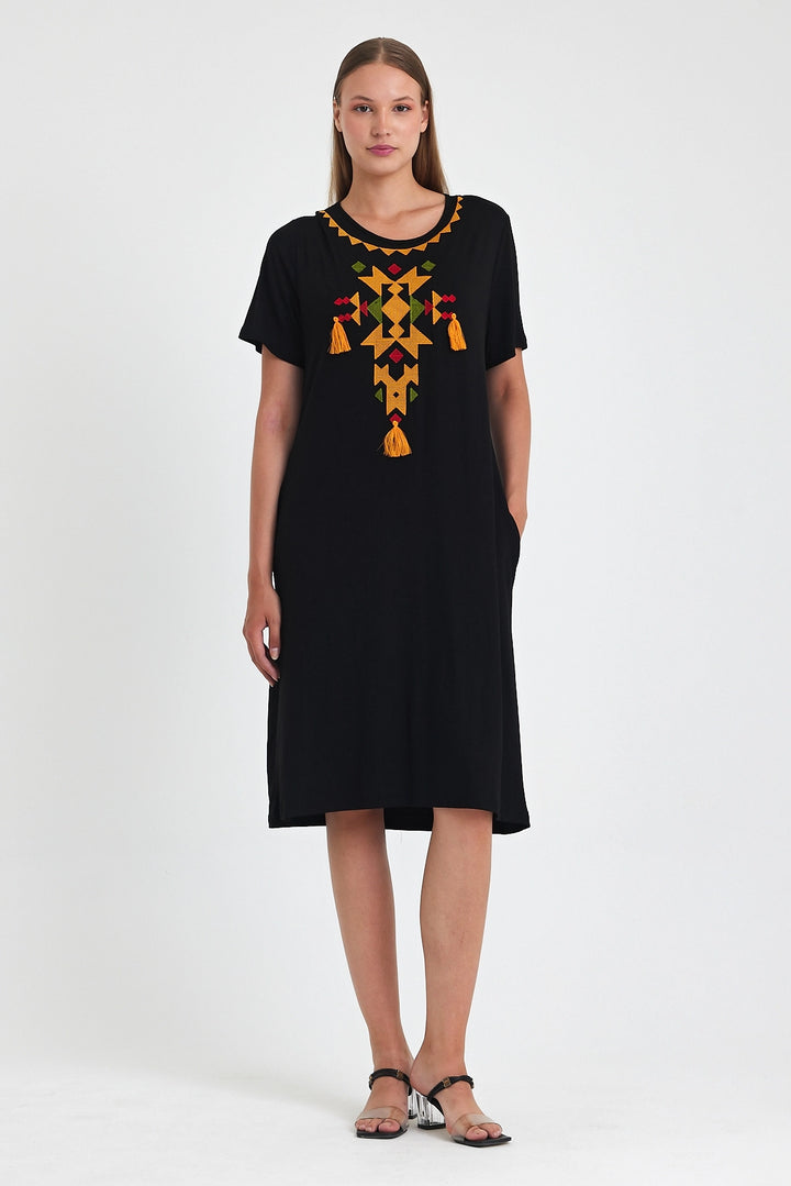 Maxi Boy Black Orange Embroidered Knitted Viscose Dress BCVL-251025 - Bendigo