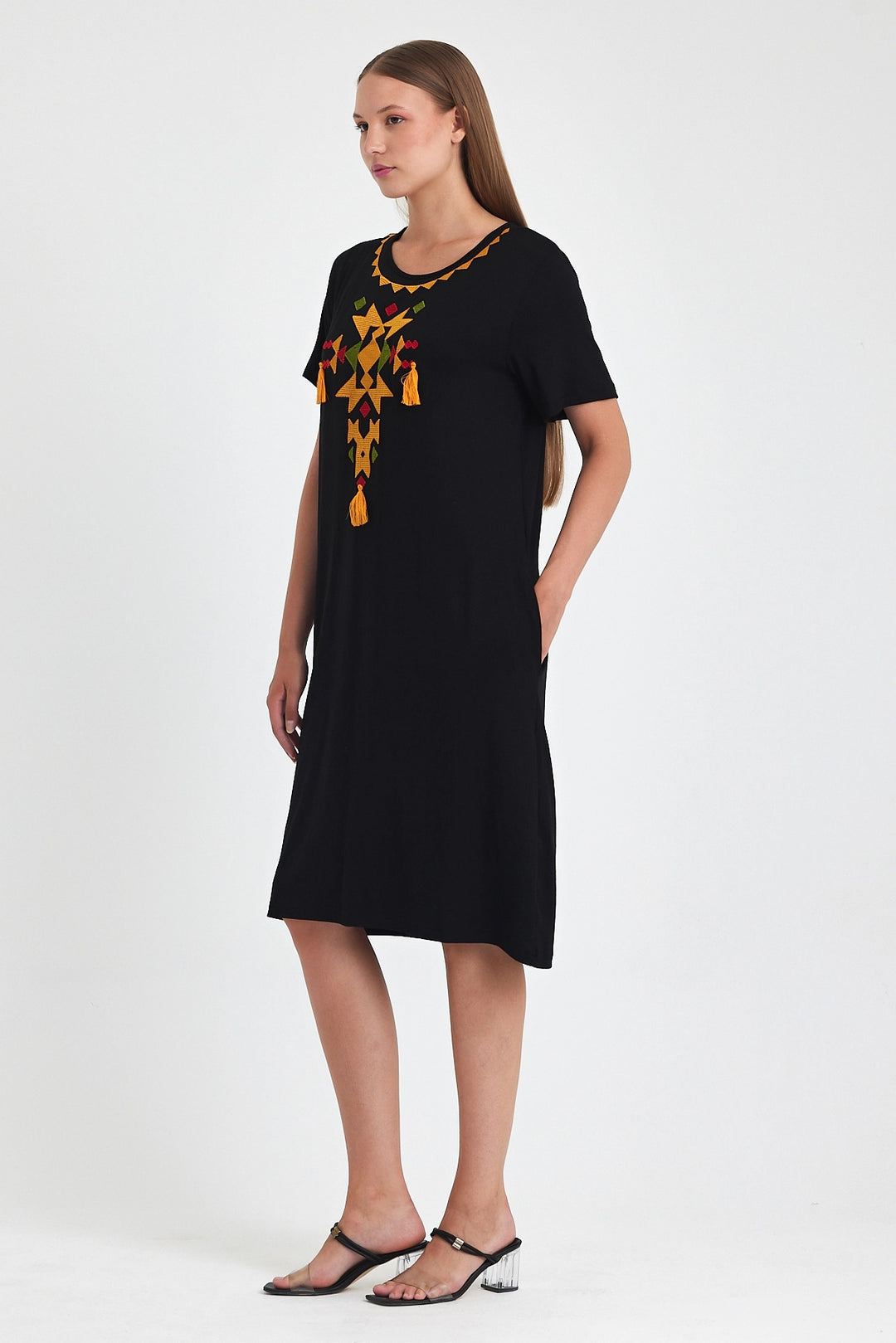Maxi Boy Black Orange Embroidered Knitted Viscose Dress BCVL-251025 - Bendigo