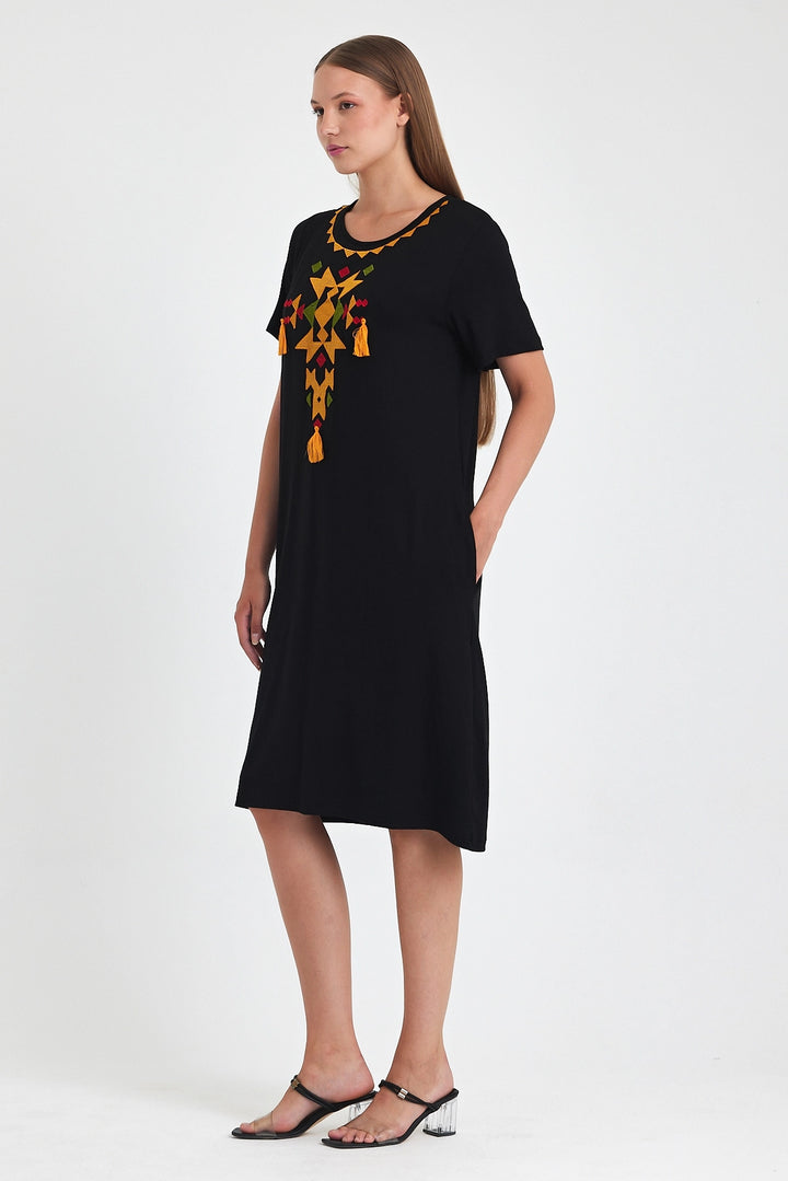 Maxi Boy Black Orange Embroidered Knitted Viscose Dress BCVL-251025 - Bendigo