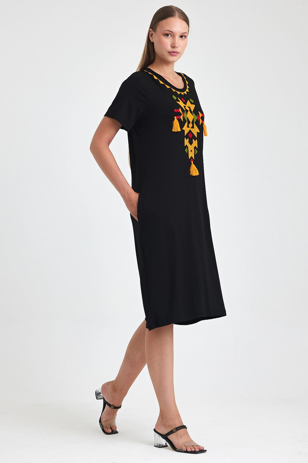 Maxi Boy Black Orange Embroidered Knitted Viscose Dress BCVL-251025 - Bendigo
