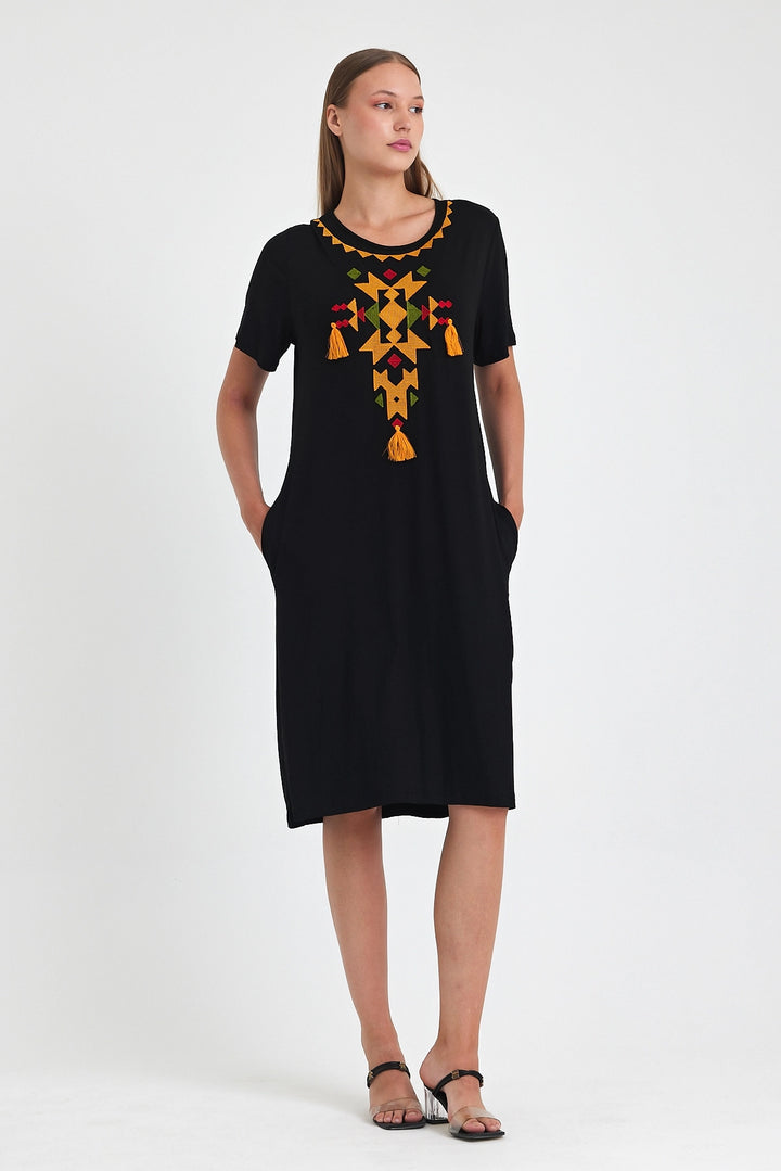 Maxi Boy Black Orange Embroidered Knitted Viscose Dress BCVL-251025 - Bendigo