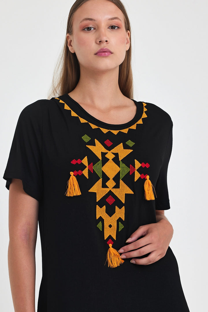 Maxi Boy Black Orange Embroidered Knitted Viscose Dress BCVL-251025 - Bendigo