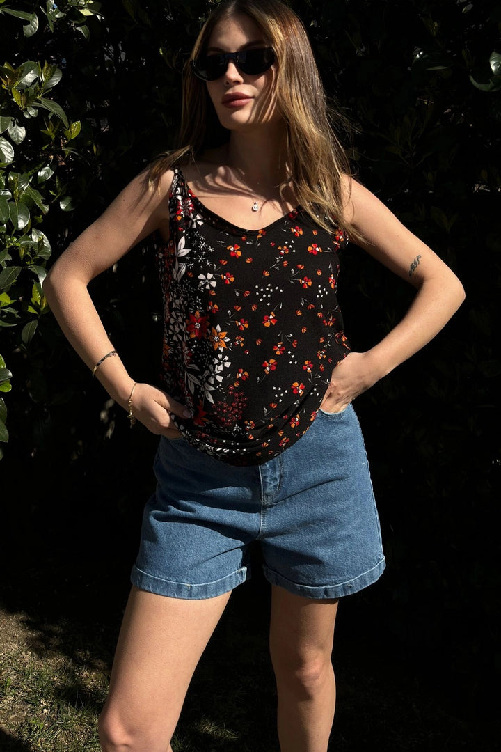 Black Orange Soft Textured Sleeveless Blouse BCBSK-25700-3407 - Cedar Falls