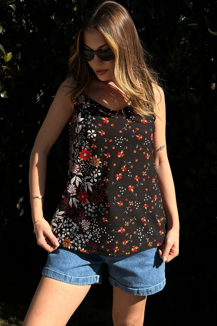 Black Orange Soft Textured Sleeveless Blouse BCBSK-25700-3407 - Cedar Falls