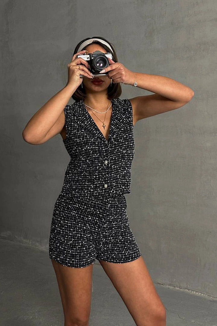 Black Tweed Fabric Vest and Pocket Shorts Set BCHN-2525463 - Sibiu