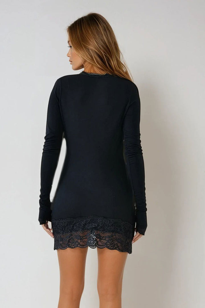 Black U Neck Lace Detailed Long Sleeve Mini Dress BCHPK-251210 - Acaxochitlán