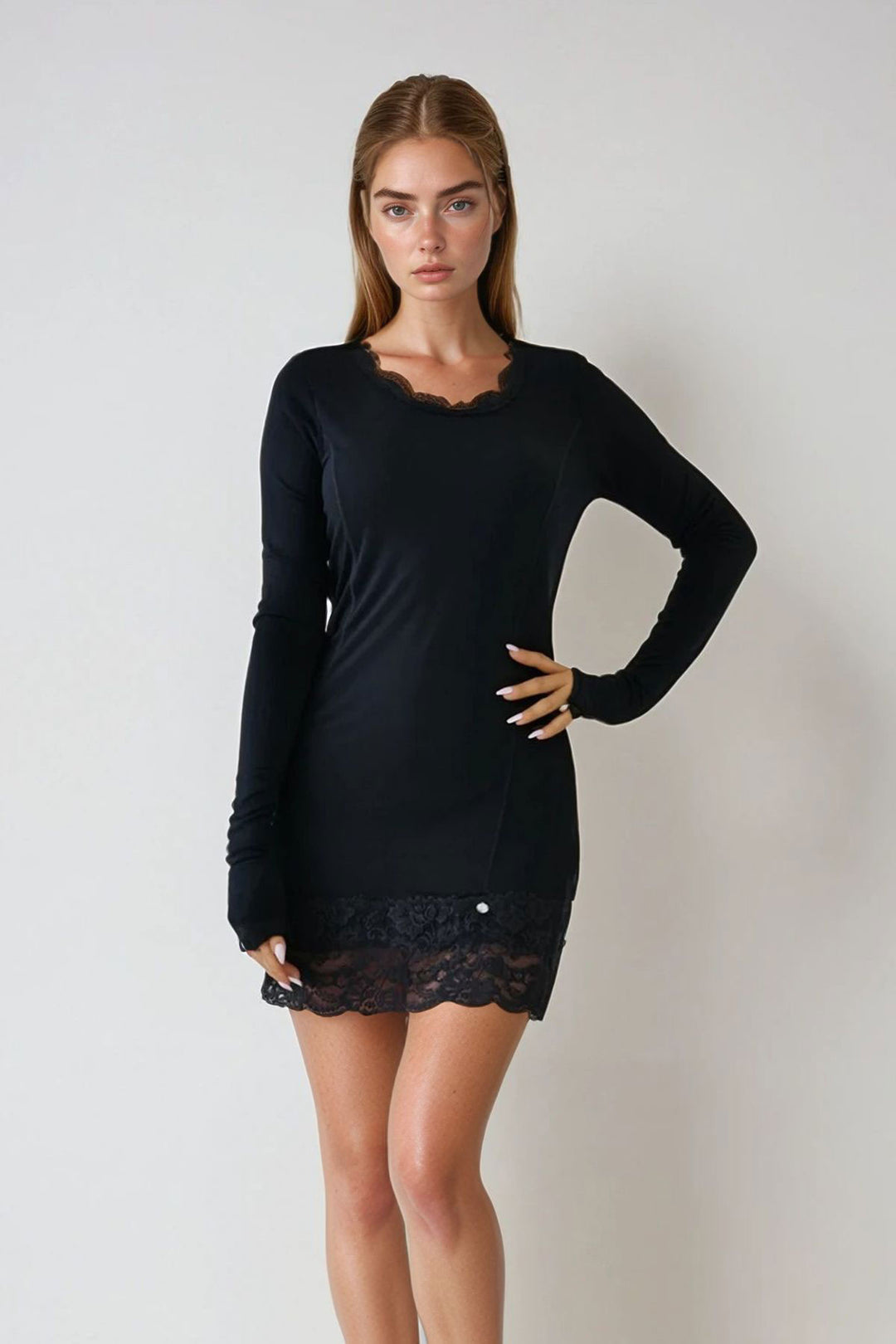 Black U Neck Lace Detailed Long Sleeve Mini Dress BCHPK-251210 - Acaxochitlán