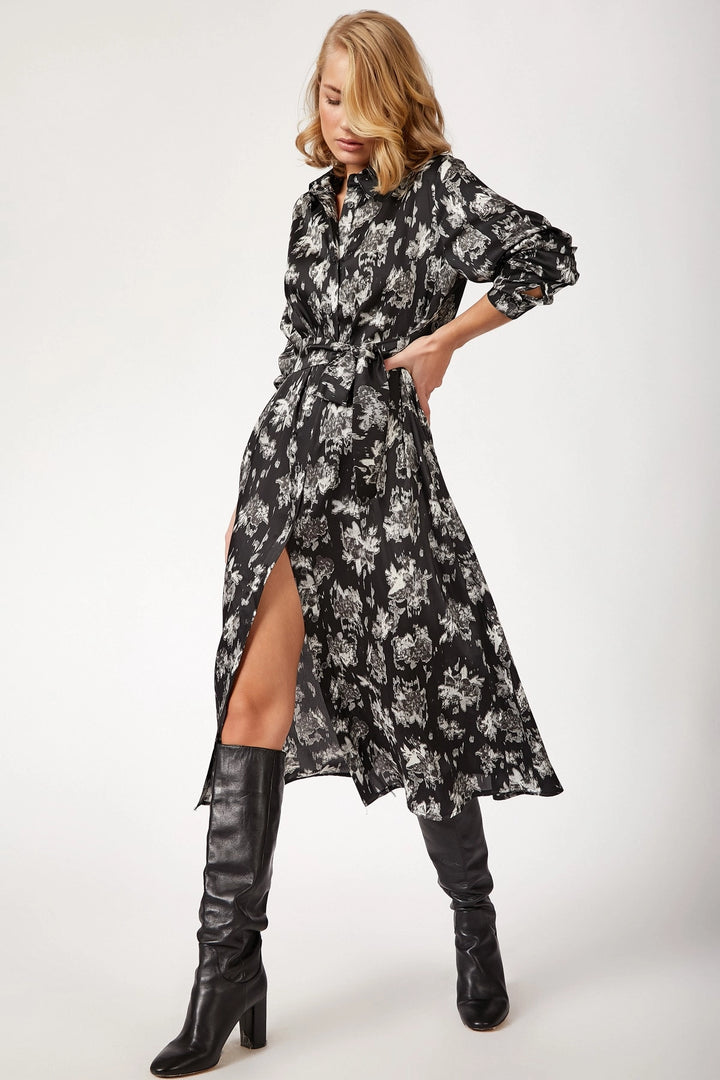 Black Long Patterned Shirt Dress BCBSK-25700-K4749 - Sambir