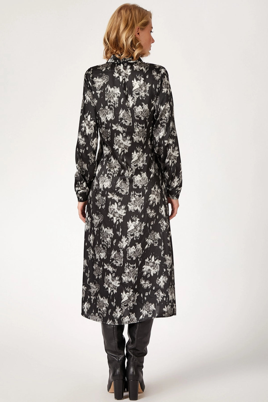 Black Long Patterned Shirt Dress BCBSK-25700-K4749 - Sambir