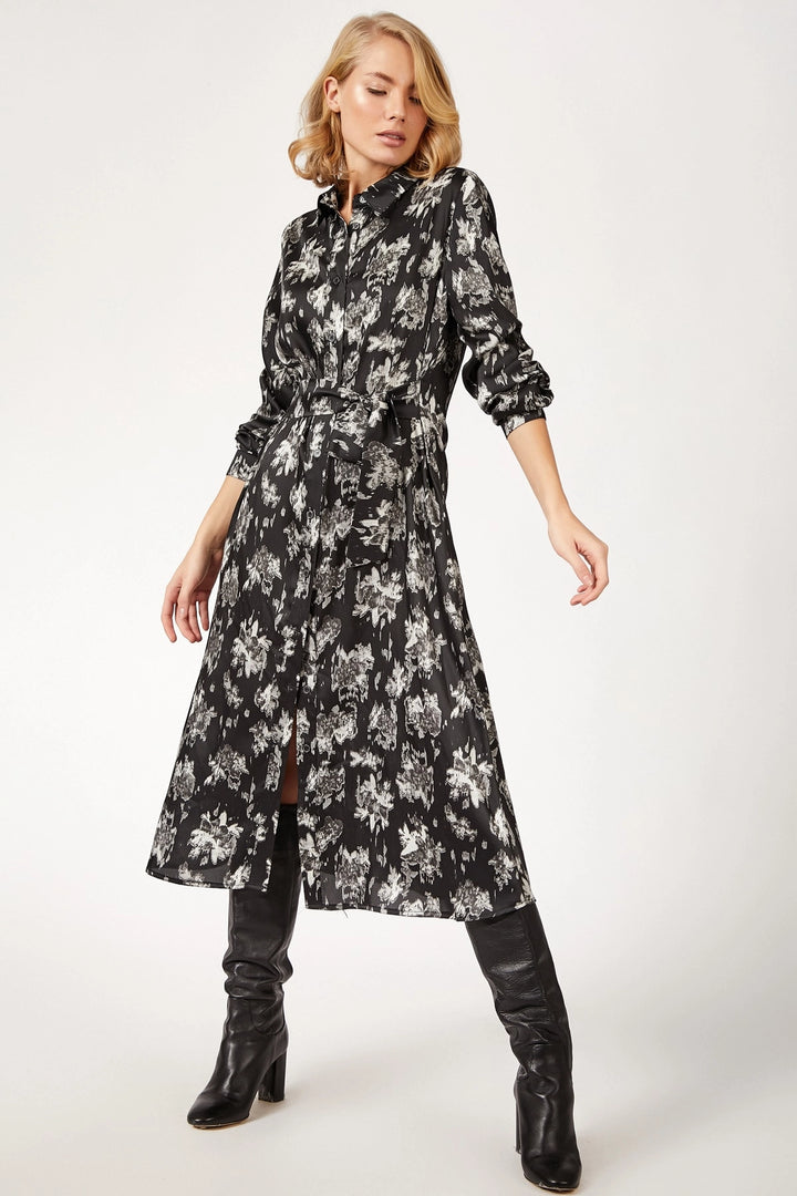 Black Long Patterned Shirt Dress BCBSK-25700-K4749 - Sambir