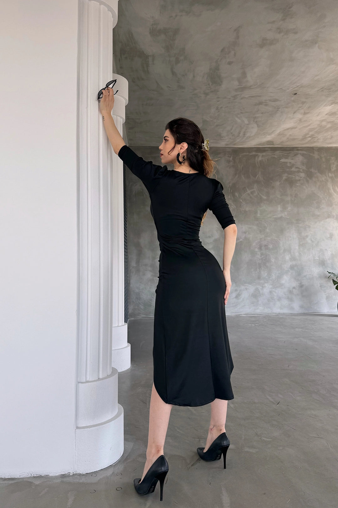 Black V Neck Envelope Skirt Midi Length Ribbed Fabric Evening Dress BCDF-241047 - Datteln