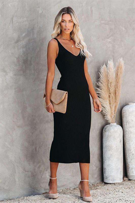 MDX Black V-Neck Sleeveless Knit Long Dress MG1724 - Merritt Island