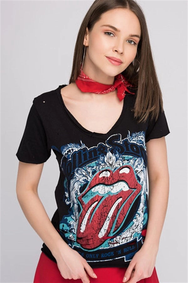 Black V Neck Printed Distressed Detail Short Sleeve T-Shirt CO-258070707 - La Rinconada