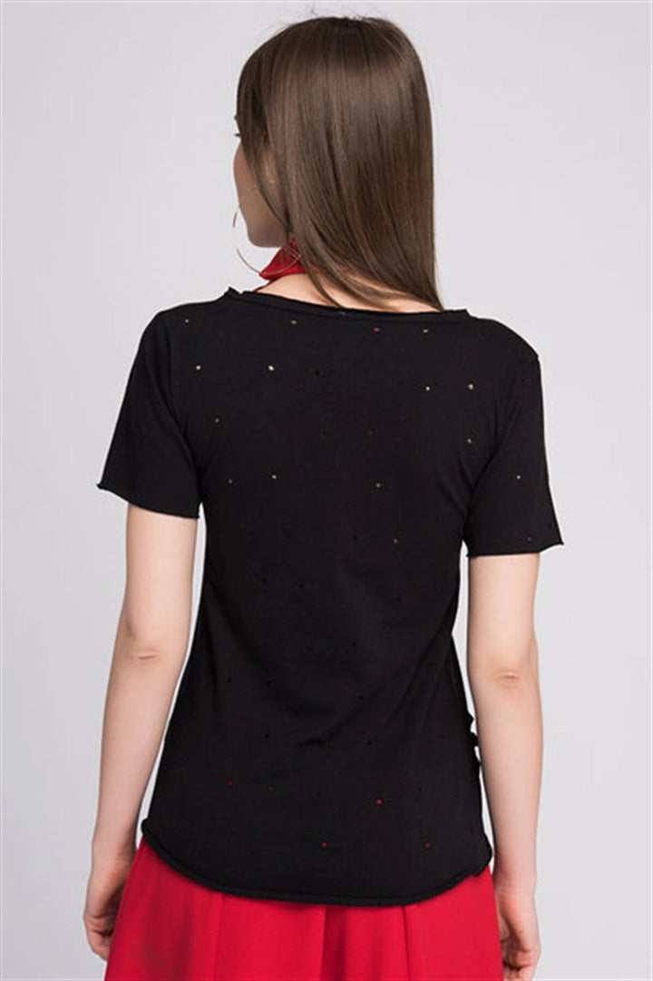 Black V Neck Printed Distressed Detail Short Sleeve T-Shirt CO-258070707 - La Rinconada