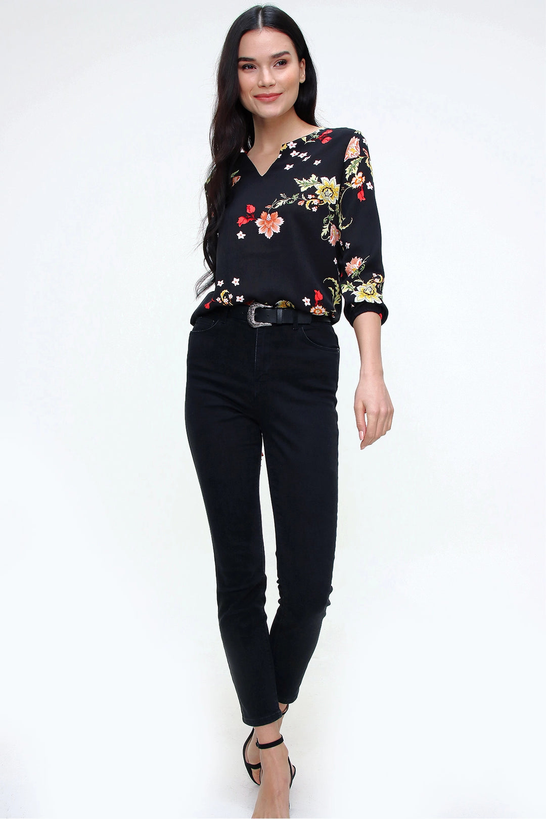 Black V-Neck Blouse with Flower Pattern BCBSK-25700-T4009-5200 - Berwyn