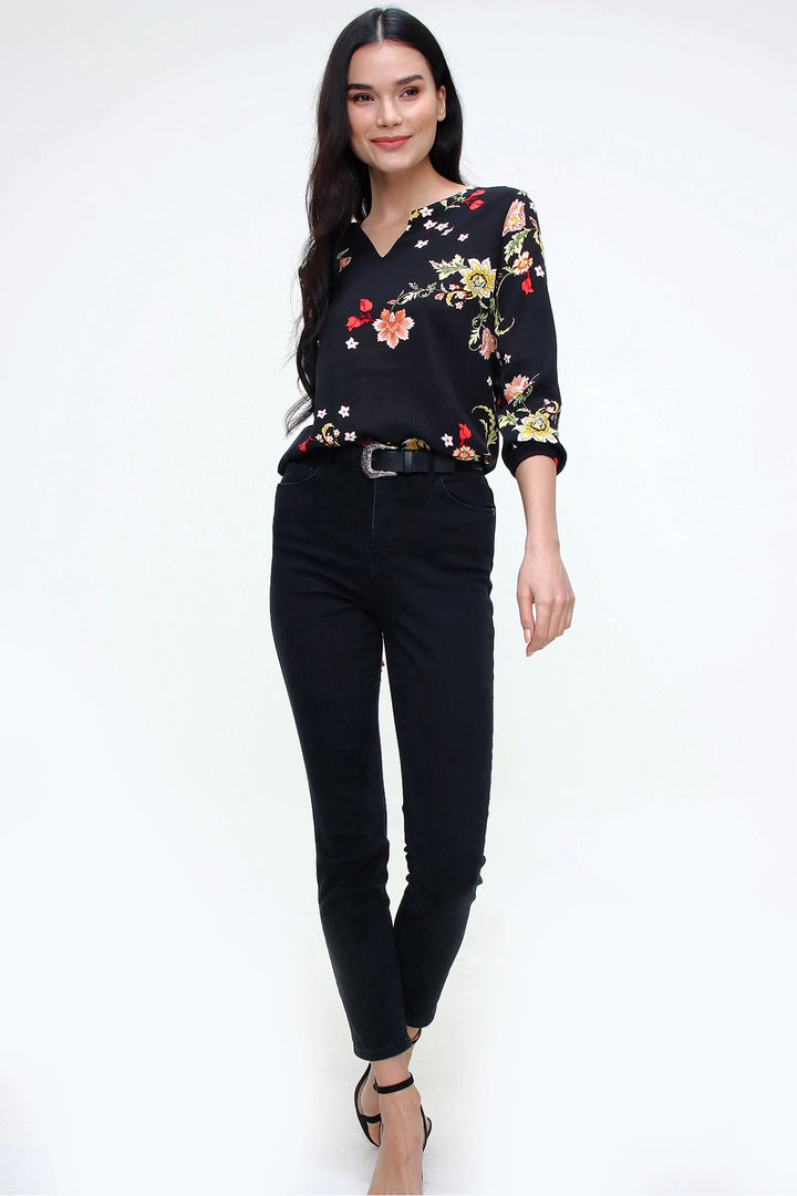 Black V-Neck Blouse with Flower Pattern BCBSK-25700-T4009-5200 - Berwyn