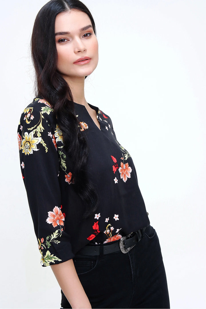 Black V-Neck Blouse with Flower Pattern BCBSK-25700-T4009-5200 - Berwyn