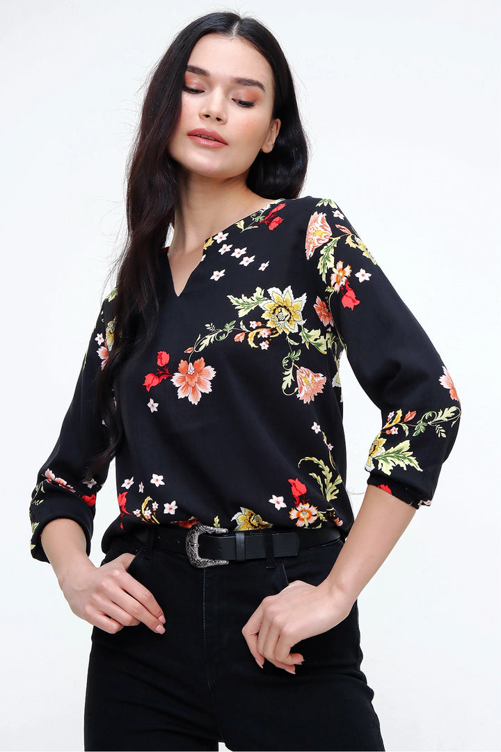 Black V-Neck Blouse with Flower Pattern BCBSK-25700-T4009-5200 - Berwyn