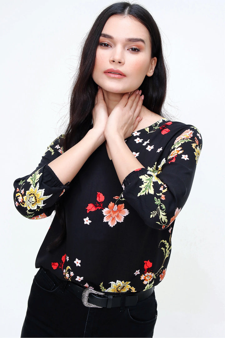Black V-Neck Blouse with Flower Pattern BCBSK-25700-T4009-5200 - Berwyn