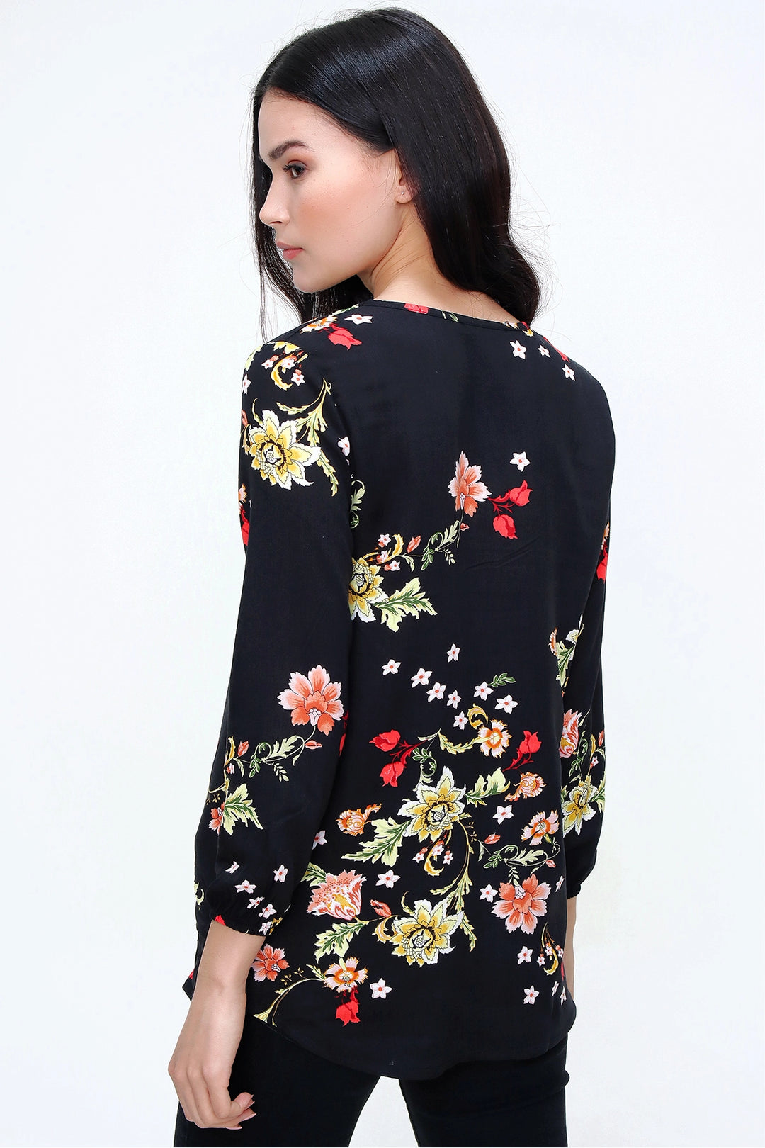 Black V-Neck Blouse with Flower Pattern BCBSK-25700-T4009-5200 - Berwyn