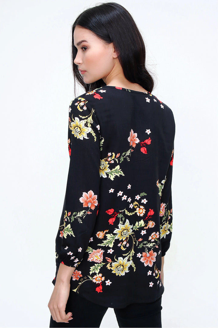 Black V-Neck Blouse with Flower Pattern BCBSK-25700-T4009-5200 - Berwyn
