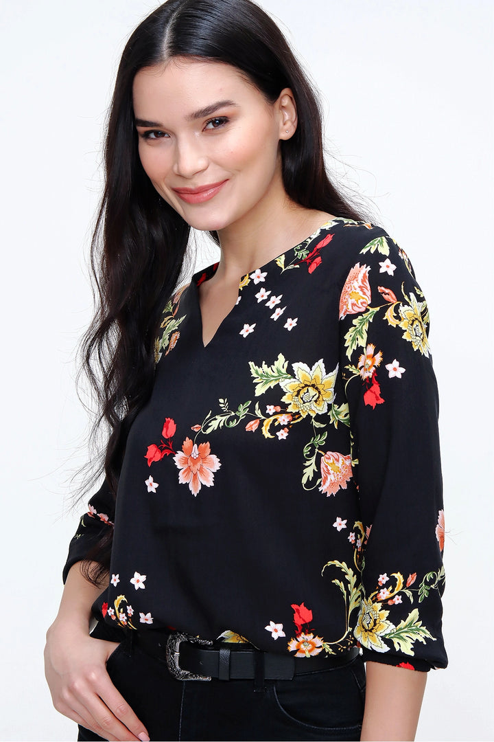 Black V-Neck Blouse with Flower Pattern BCBSK-25700-T4009-5200 - Berwyn