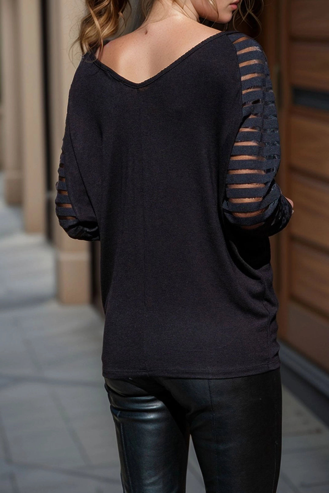 Black V-Neck Lace Openwork Blouse BCBSK-25700-K5590 - Durham