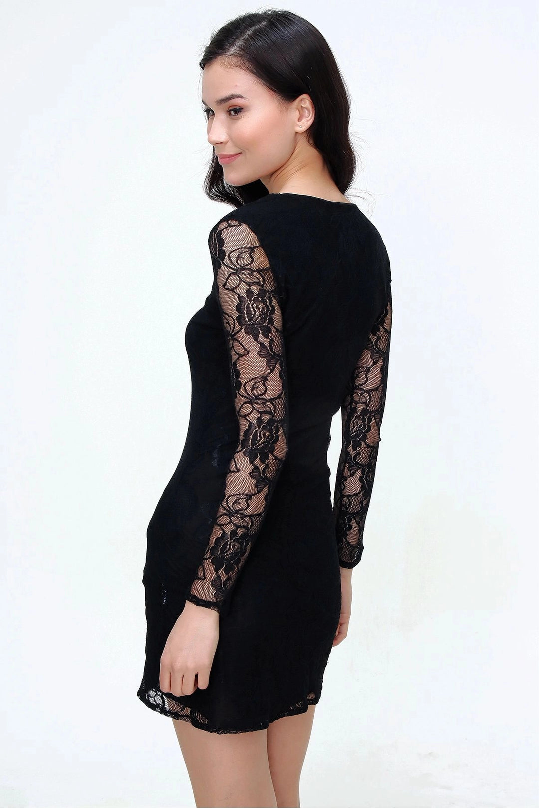 Black V-Neck Lace Detail Dress BCBSK-25700-T4007370 - Acámbaro